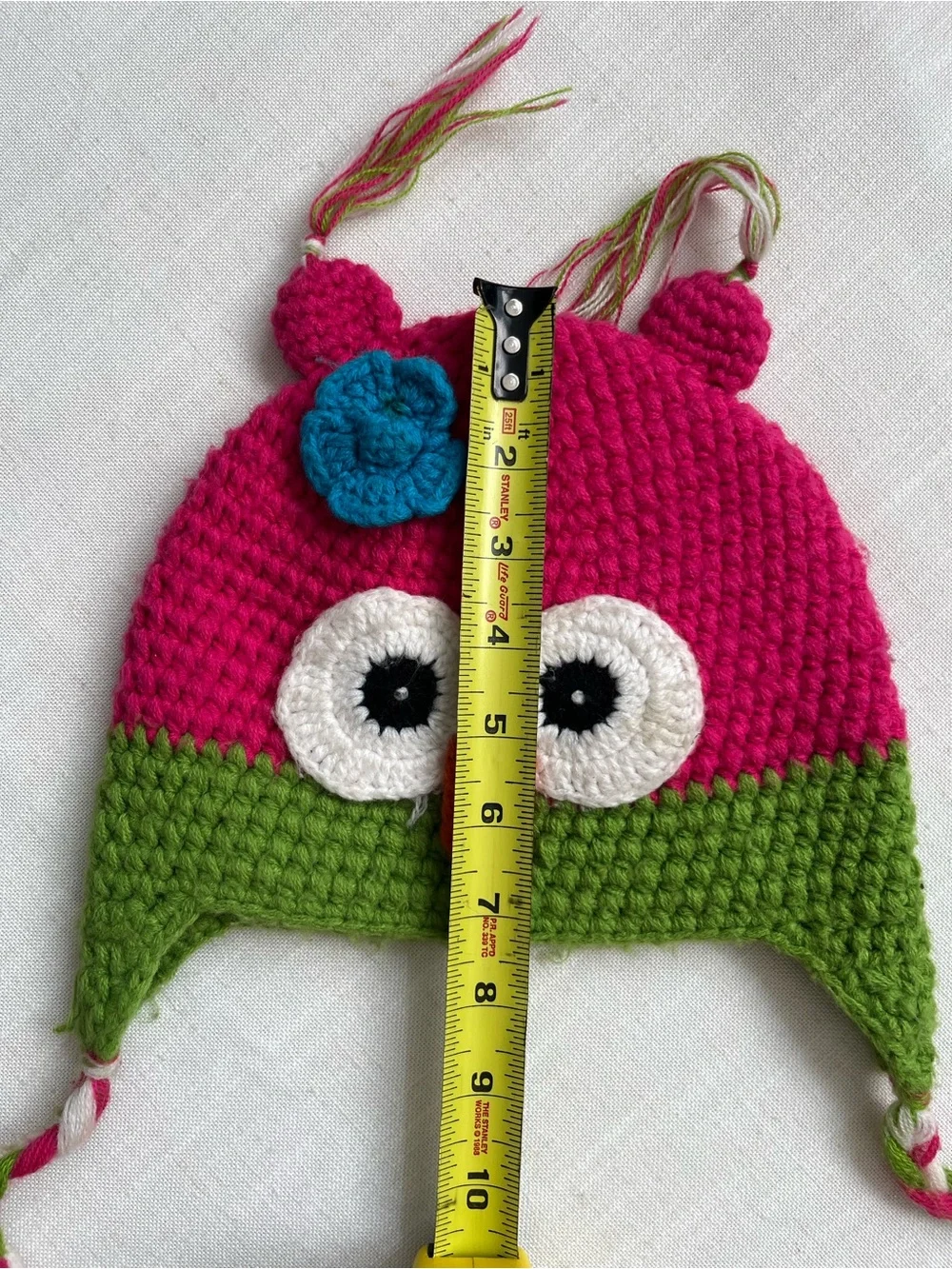 Hand Crafted Pink and Green Owl Earflap Crochet Hat with Blue Flower